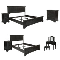 OSP Home Furnishings BP-4200-315B Farmhouse Basics King Bedroom Set with 2 Nightstands, 1 Chest, and 1 Vanity and Bench in Rustic Black
